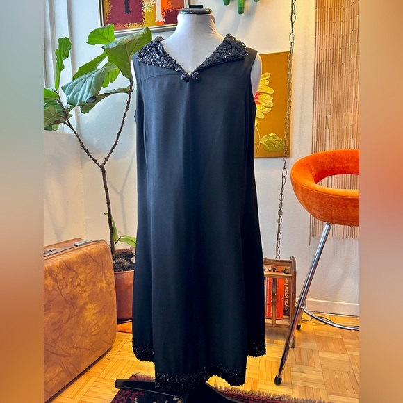 True Vintage 60s “Trévise” Black Crepe Trapeze Mod Party Dress with Sequin Trim - Picture 1 of 6